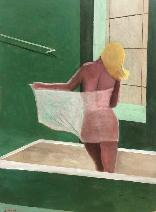 Susana Mata - Bath time in green with woman in a towel
