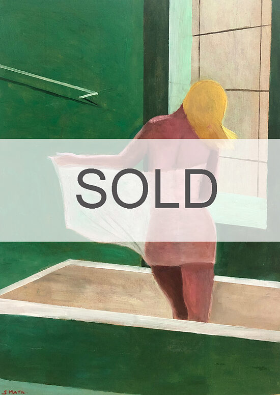 Susana Mata - Tiempo de baño en color verde con figura de mujer con toalla 